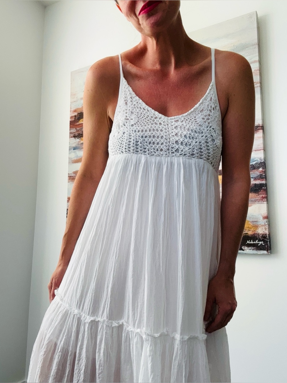 Boutique White Cotton Crochet Tiered Boho Maxi Dress Oversized Size S
